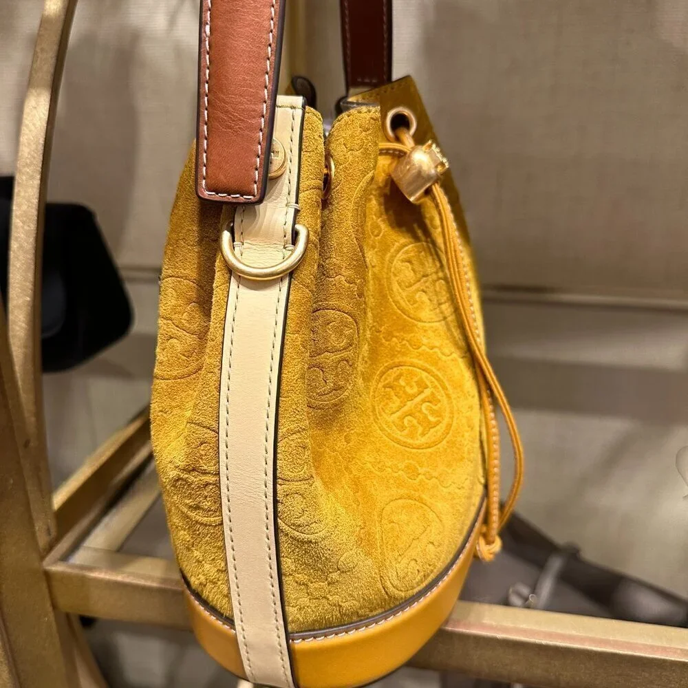 NEW! Tory Burch T-Monogram SUEDE EMBOSSED Bucket -large Claret (Deep Sunflower)